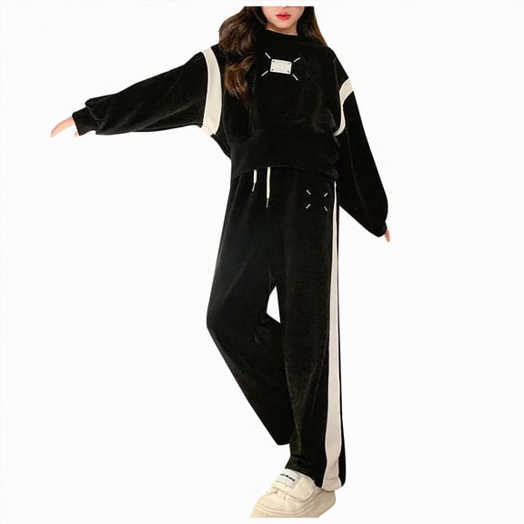 Taybagh Girls Outfits Minimalist Long Sleeve Graphic Sweatshirt Set Teen Girl Clothes Casual Everyday Black