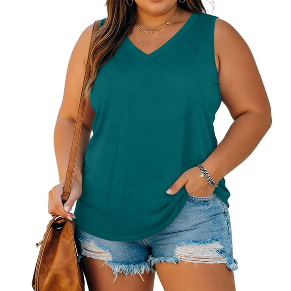 CYRBOKO Women's Plus Size Tank Tops, Casual Loose Fit Sleeveless V-Neck Summer Blouses Summer Tops Navy Size 4XL