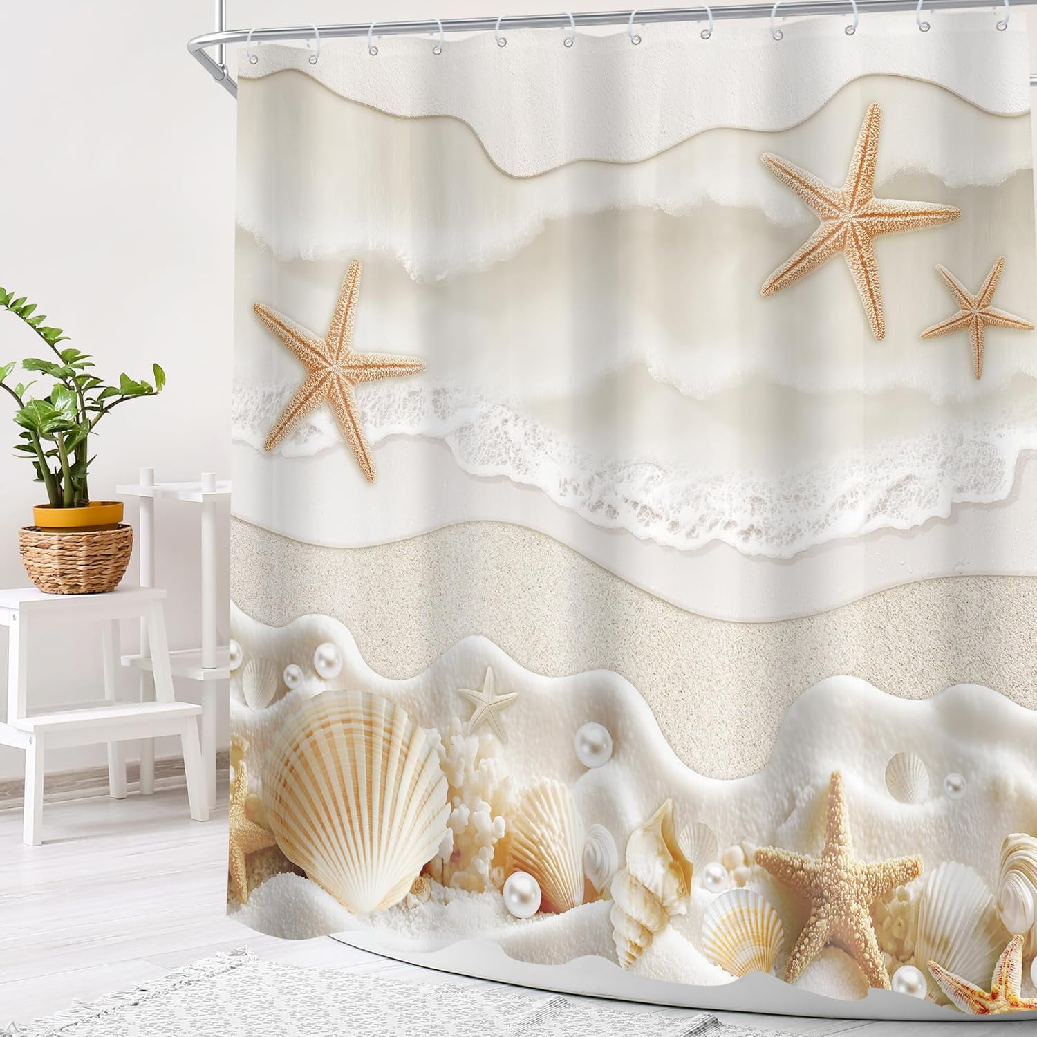 Starfish Beach Coastal Shower Curtain Beige White Ocean Seashells Conch Pearl Coral Seacoast Sand Sea Waves Bathroom Curtain Set Modern Bath Bathroom Accessories Decor-72"W x 72"L (Pack of 1)