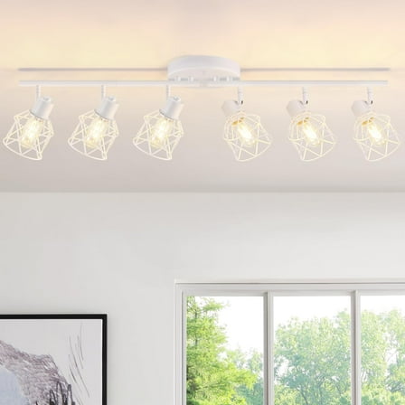 6-Lights Track Lighting Fixtures White Semi Flush Mount Ceiling Light with Metal Cage Kitchen Track Lighting Fixtures Ceiling Rotatable Close to Ceiling lamp for Entryway, Living Room, Hallw
