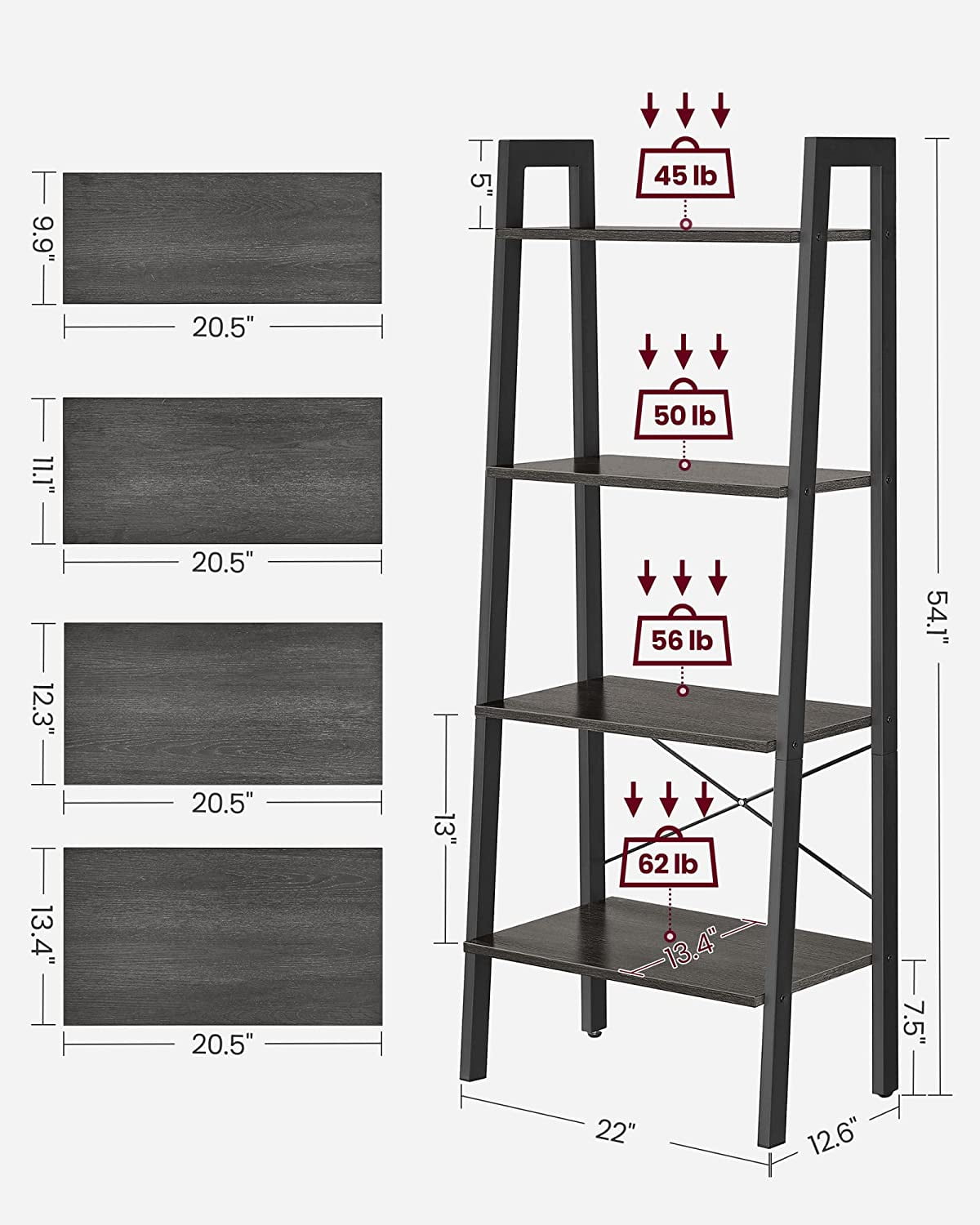 VASAGLE 4-Tier Ladder Shelf Ladder Bookshelf Bookcase Storage Rack with Steel Frame Charcoal Gray and Black
