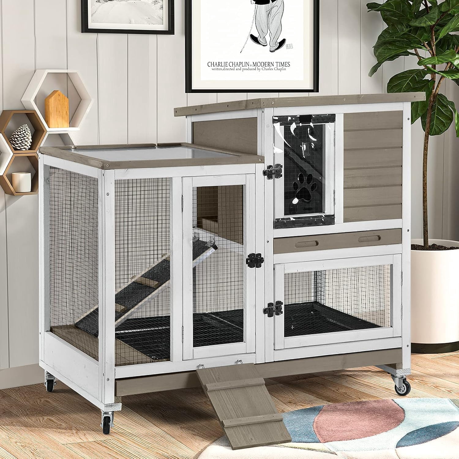 MEDEHOO Large Rabbit Hutch with Removable Wire Netting, 2 Deep Trays, 4 Wheels, Sliding Door, and Extra Access Door - Mocca Color