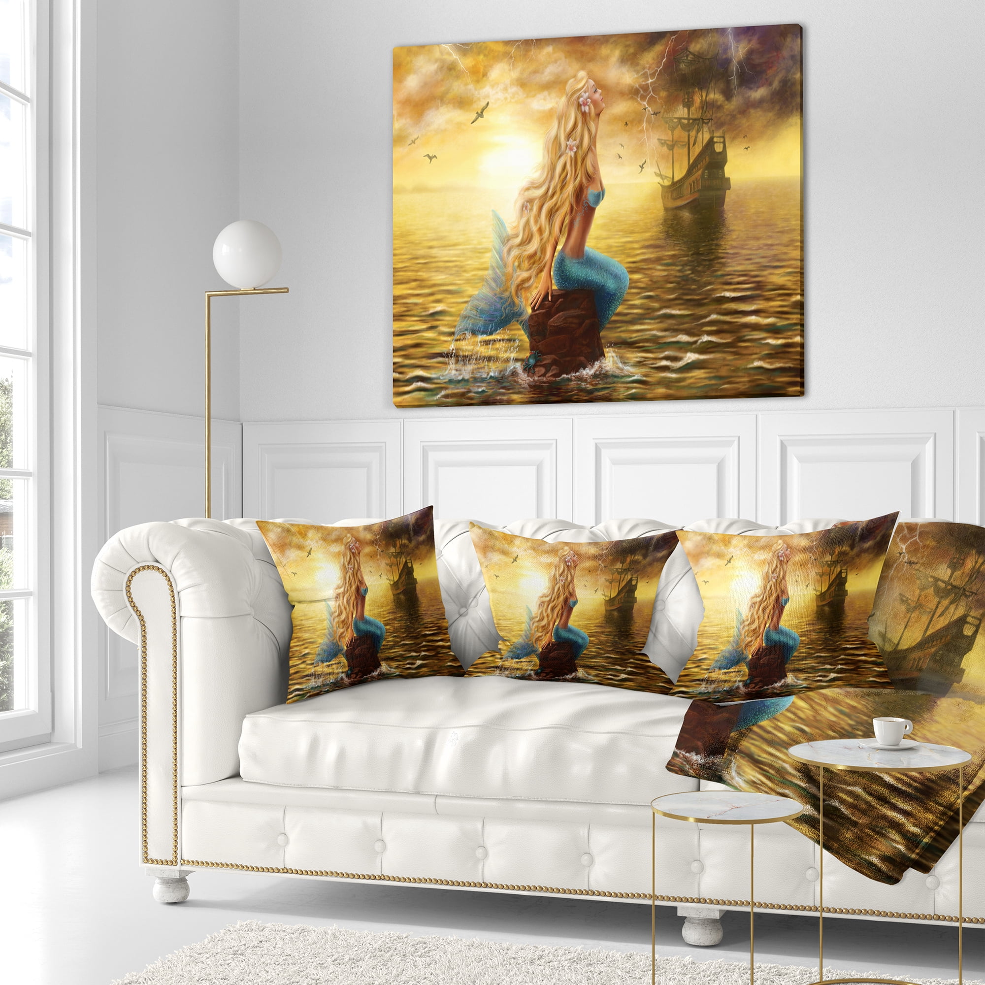 Designart Sea Mermaid with Ghost Ship - Seascape Throw Pillow - 18x18