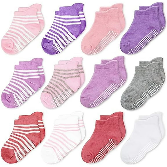 CozyWay Toddler Socks with Grippers - Anti-Slip Kids Grippy Socks - Reinforced Toe in Cotton Styles - Secure Heel Tab in Kids Pairs with Grips - 3T-5T, Pink & White - Pack of 12