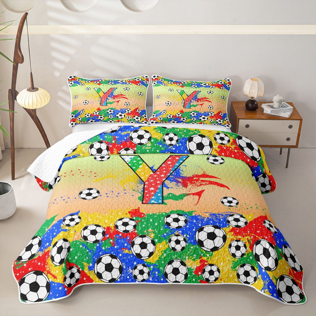 Homewish Letter Y Orange Gradient Soccer Ball Print Quilt King Sports Monogram King Coverlet Set For Kids Boys And Girls 3-Piece
