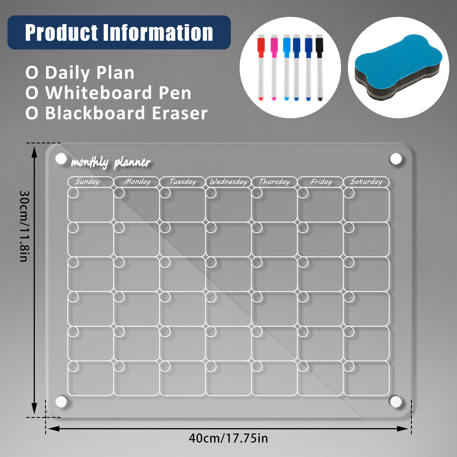 JTWEEN Acrylic Transparent Magnetic Calendar 11.8"x17.75" Acrylic Calendar Dry Erase Board Clear Fridge Weekly/Monthly Planner Magnetic Acrylic (Monthly)