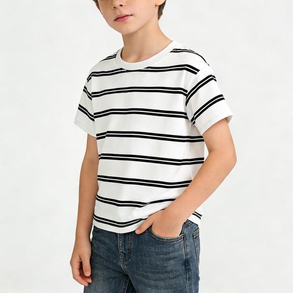CYRBOKO Boys Striped T-Shirts, Casual Summer Pullover Cotton Short Sleeve Tops White Size 7-8 T