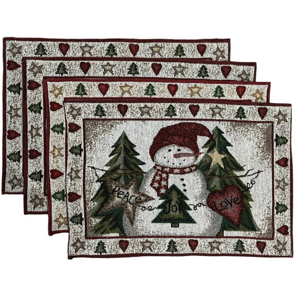 Set of 4, Christmas Tree, Snowman with Peace, Joy, Love Tapestry Placemats for Holiday Season, Home Decoration Kitchen Dining Table, Perfect for Party or Gifts. Easy to Clean Size: 13" x 19".