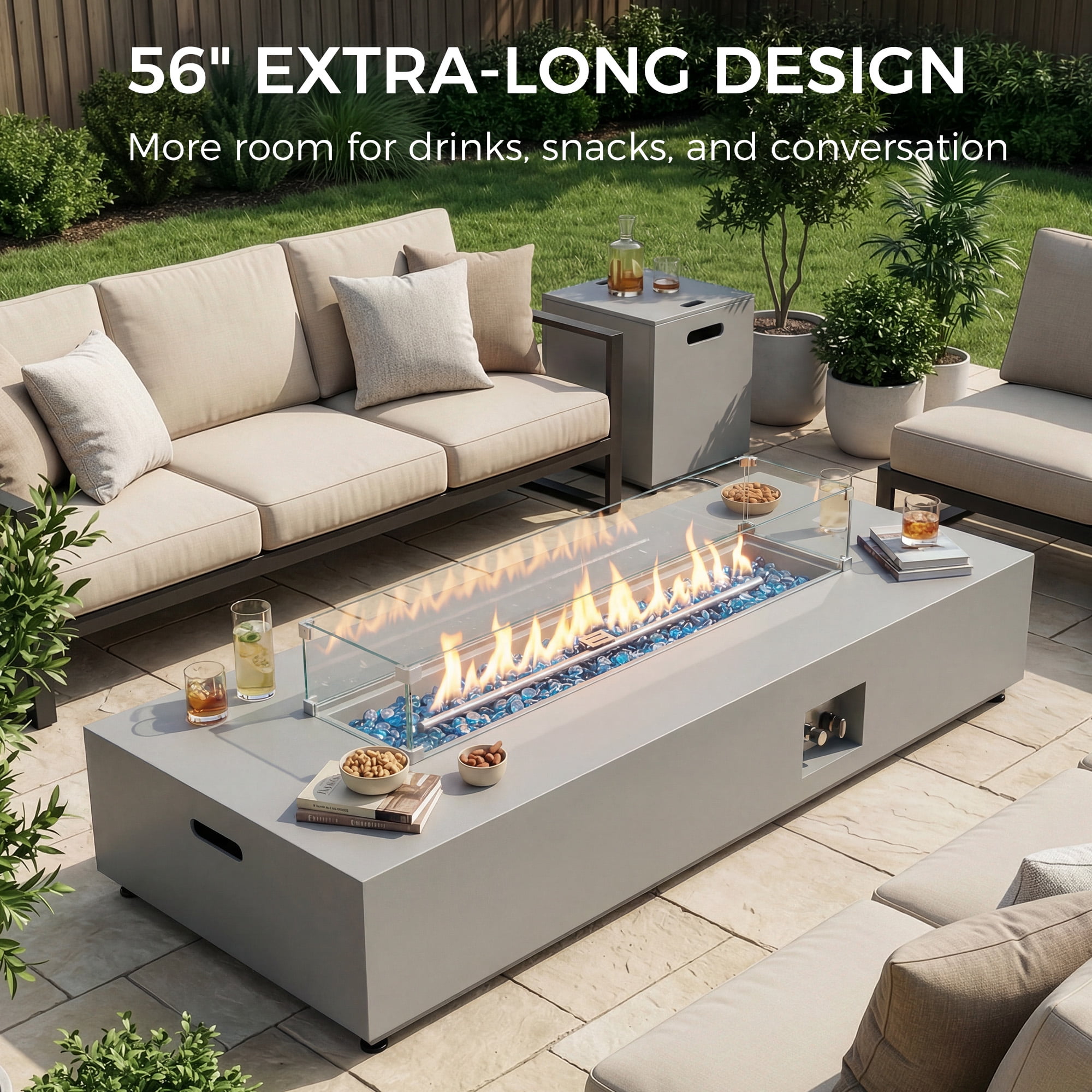 RADIATA 56" Rectangle Propane Fire Pit Table, Dual Fuel Natural Gas Fire Pit Convertible, 50,000 BTU Outdoor Fire Pit Table for Outside Patio