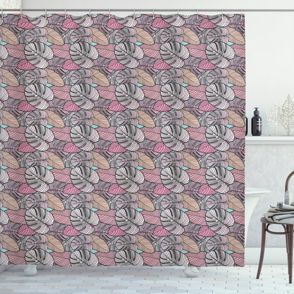 Philodendron Shower Curtain, Hand Drawn Tropical Leaves in Muted Tones Illustration, Fabric Bathroom Set with Hooks, 69W X 70L Inches, Pastel Pink Pale Blue Pale Salmon, by Ambesonne