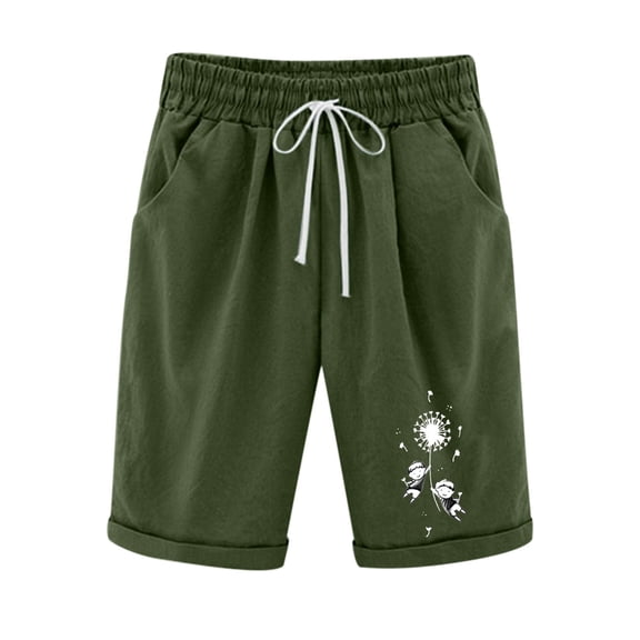 WREESH Womens Summer Beach Shorts Cotton Linen Shorts Fashion Short Printed Tight High Waist Pocket Elasticity Sports Half Shorts Olive Green