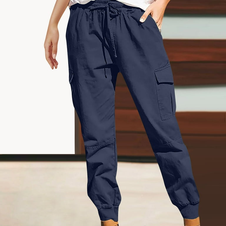 Womens High Waist Drawstring Cargo Sweatpants Pockets Elastic Cinch Bottom  Loose Wide Leg Pants Casual Joggers (3X-Large, Navy)