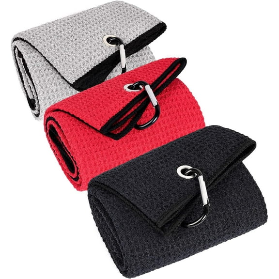 3 Pack Large Golf Towels, 16" x 24" Tri-Fold Portable Microfiber Fabric Waffle Pattern Golf Towel for Golf Bag with Carabiner Clip to Quickly Remove Sand, Mud, Dirt and Sweat