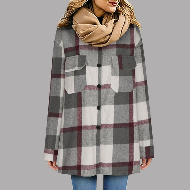 ZVAVZ Today鈥橲 Deals Jackets for Women Causal Flannel Plaid Shacket Jacket With Pockets Button Down Long Sleeve Shirts Laple Collar Tweed Jackets Coat 2025 Plaid Shacket Women Hooded