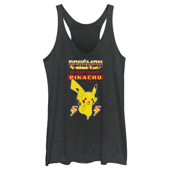 Women's Pokemon Get Ready to Battle Pikachu Retro Racerback Tank Top Black Heather Large