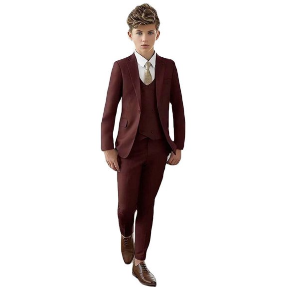 ETHAN 3 Piece Boys Suit for Wedding Slim Fit Suit for Kids Formal Tuxedo Evening Prom Party Set Burgundy 3T