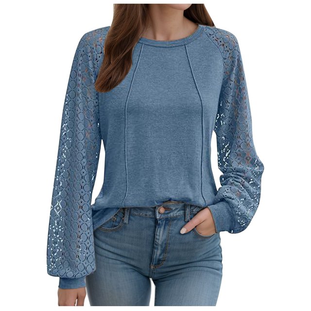 NINGMENG Womens Tops Solid Color Lace Long Sleeve Crew Neck Pleated Tops Pullover T Shirts Holiday Wear,Blue,XXL