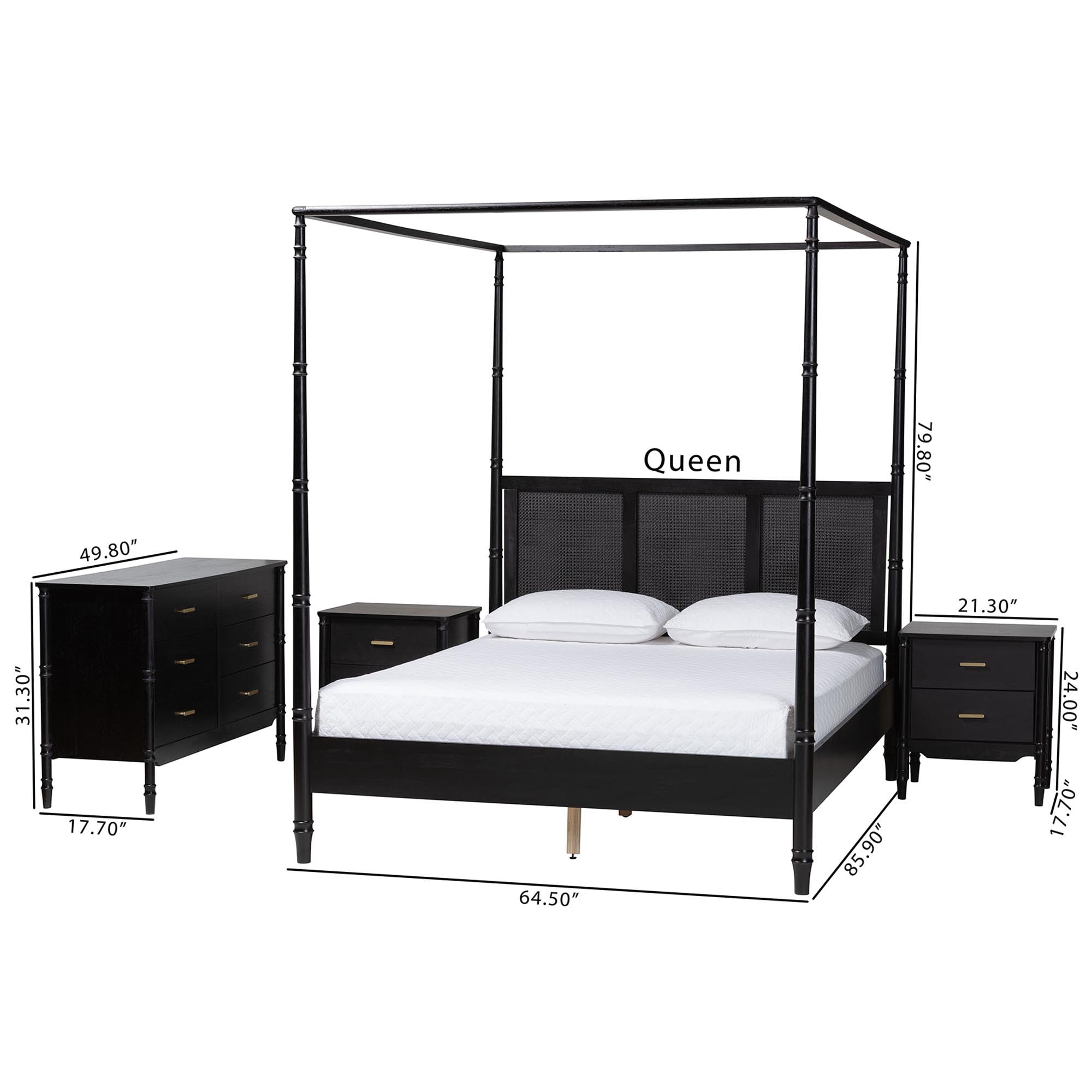 Baxton Studio Marisela Mid-Century Bedroom Set, 4-Piece, Queen, With 2 Nightstand, Black