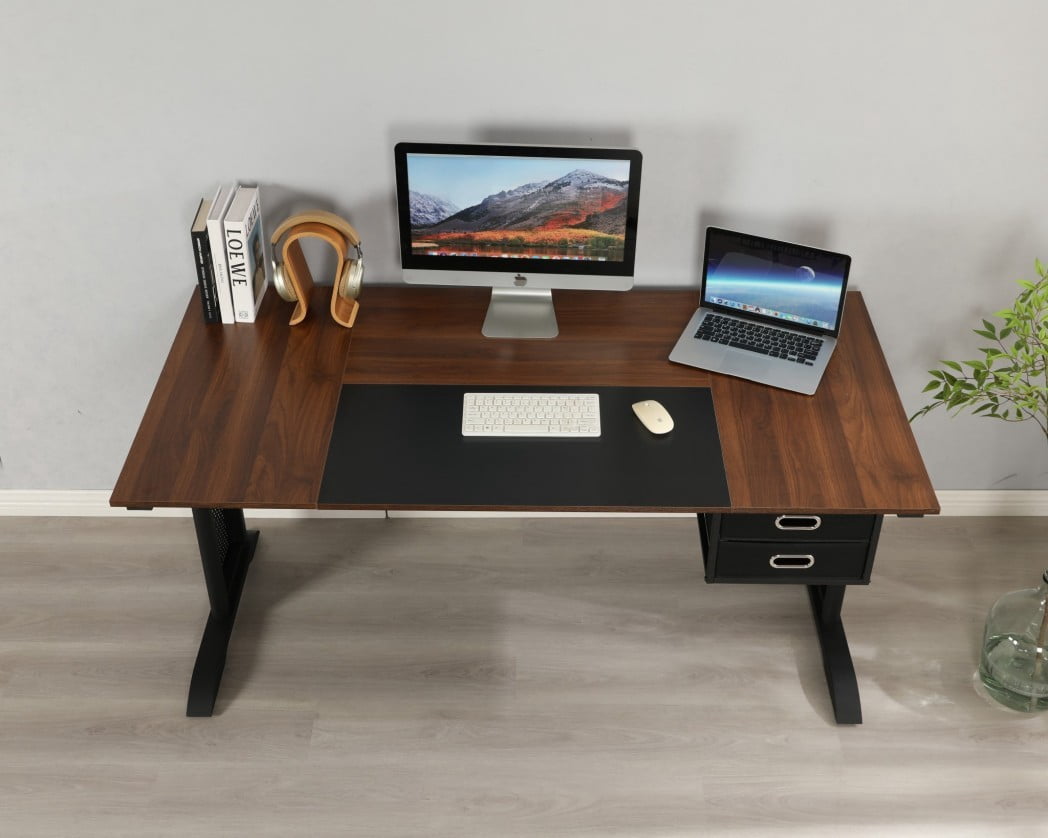 63" Computer Desk, 63 x 31.5" Large Office Desk with 2 Drawers, Modern Writing & Gaming Desk, Rustic Brown Desktop with Black Metal Frame