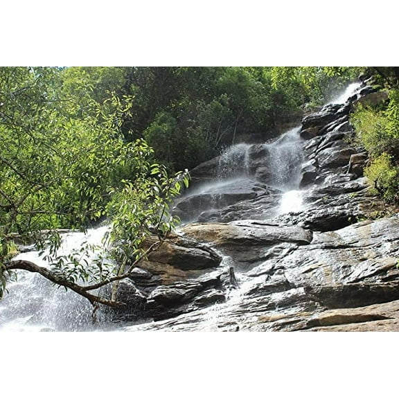 Iconic Arts Laminated 36x24 inches Poster: Waterfall River Nature Mountain Natural Flow Fall Landscape Environment Scenic Stone Water Outdoor Flowing Fresh Scenery