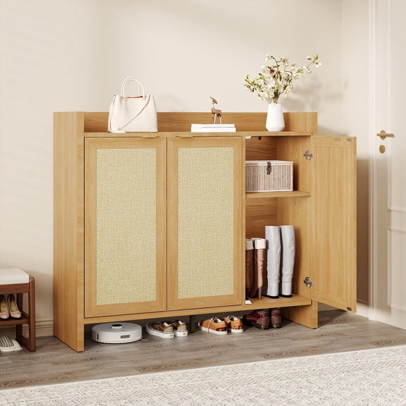 Dark Oak Rattan Shoe Storage Cabinet, Wooden Shoe Rack Organizer Cabinet with 3 Doors and Adjustable Shelves for Entryway Living Room Hallway