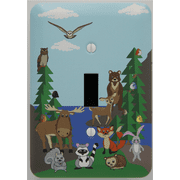 Single Toggle Woodland Forest Animal Light Switch Plate and Outlet Covers, Children's Nursery Decor with Owls, Birds, Fox, Bear, Squirrel, Deer, Hedge Hog, Moose and a Raccoon. (Single Toggle)