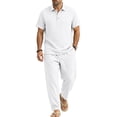 thumbnail image 2 of Awwp Men's Linen 2 Piece Outfits Short Sleeve Shirts & Long Pants Set Casual Loose Summer Matching Vacation Suit White Size: 2Xl, 2 of 7
