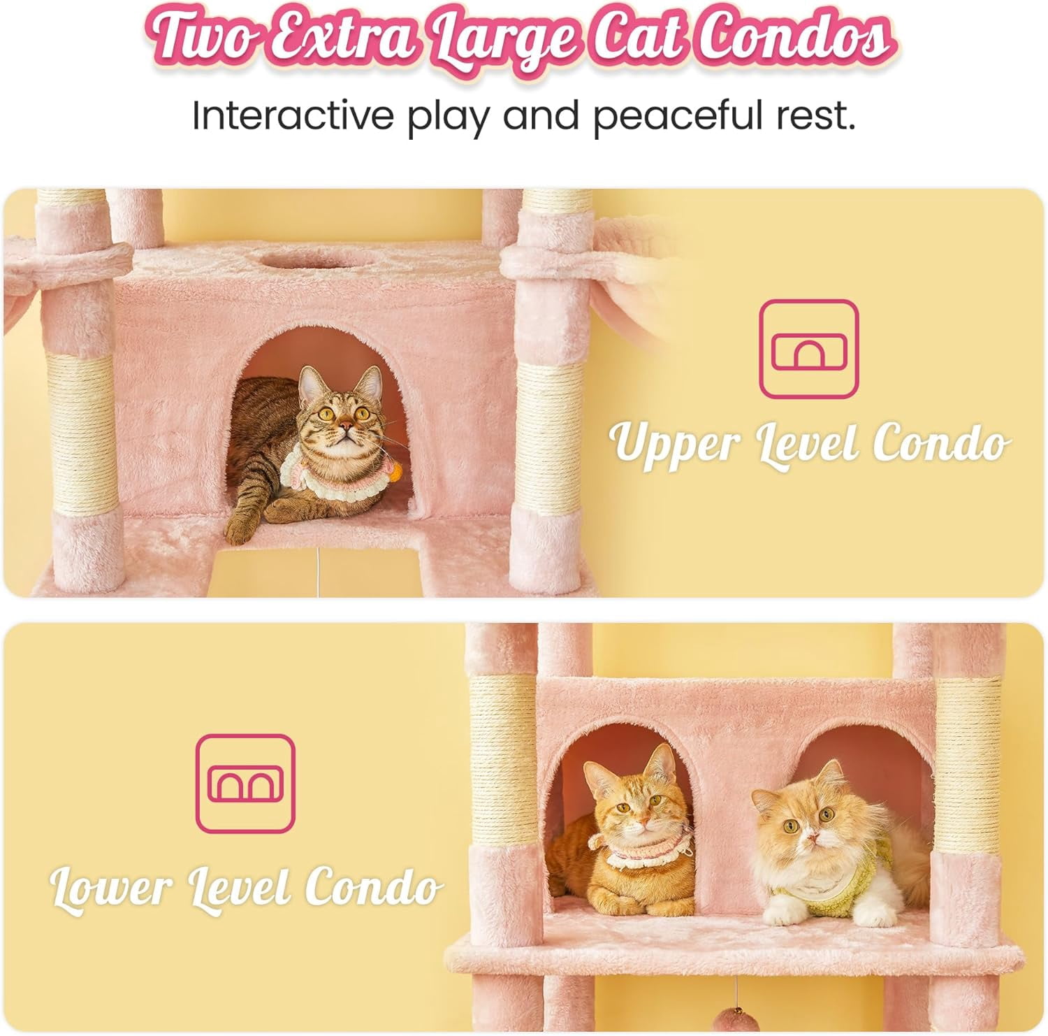 WSWJY Pink Extra Large Cat Tree, 77.6-Inch Tall Cat Tower for Indoor Cats with 2 Condos, Multi-Level Cat Stand for Large Cats, 3 Hammocks, Wide Perch, Scratching Posts, Dangling Toys