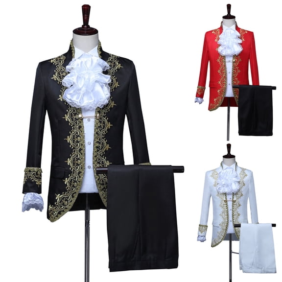 Mens Victorian Costume Suit Party Fancy Dress Coats Jackets and Pants Medieval Prince Palace Stage Cosplay Outfit Set Inlaid Gold Flower White