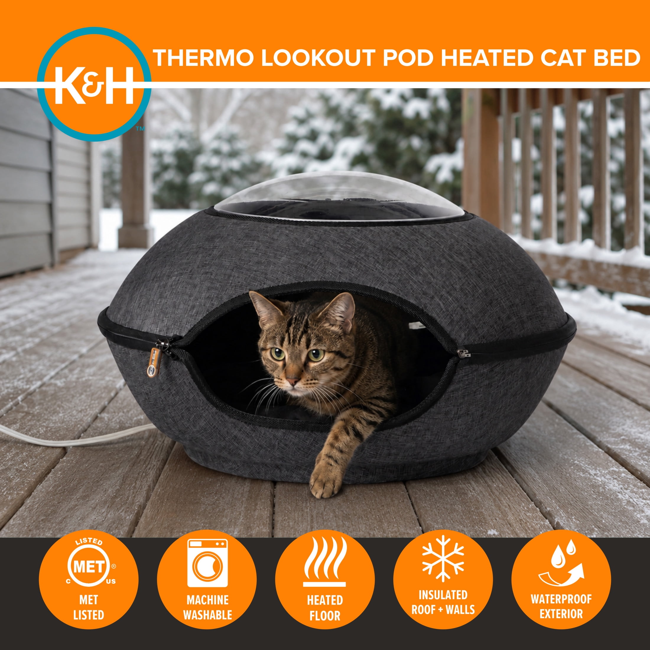 K&H Pet Products Thermo Lookout Pod Heated Cat Bed Classy Gray 22