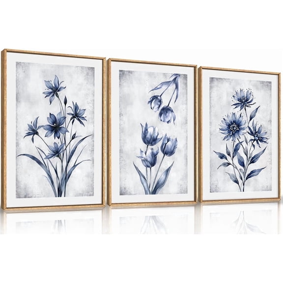 Navy Blue and Grey Flower Framed Canvas Wall Art Set,Modern Botanical Plant Wall Decor,Neutral Wildflower Painting,Watercolor Aesthetic Floral Artwork for Living Room,Bedroom,Office-24''x36''x3