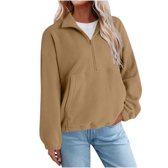 Besolor Womens Fleece Sweatshirt Casual Lapel Half Zip Long Sleeve Pullover Tops Fall Winter Clothes with Pocket