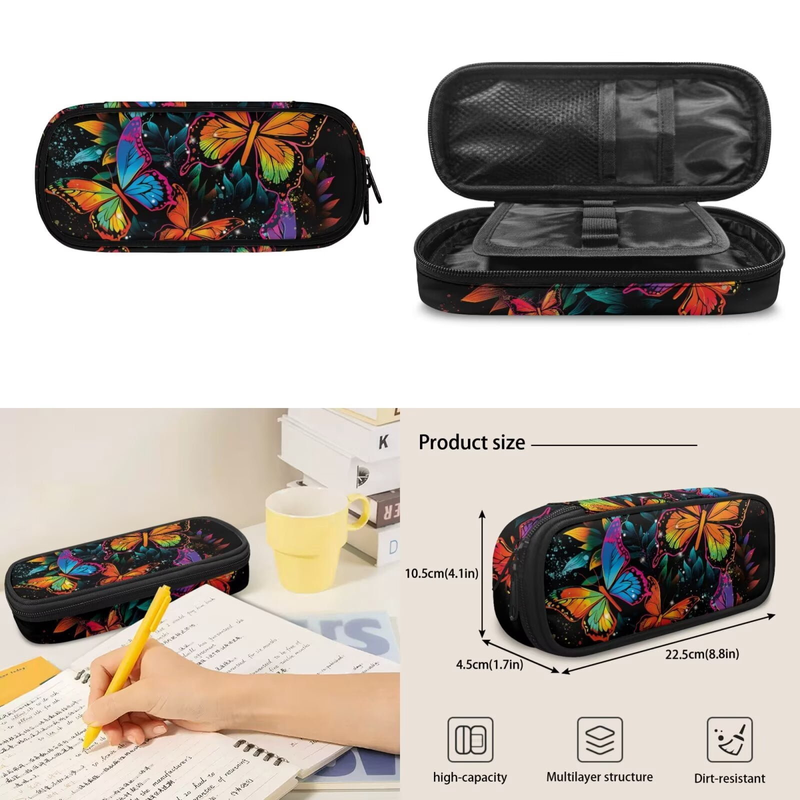 Pzuqiu Colorful Butterfly Girls Backpack with Lunch Box Pencil Case Water Bottle Holder 17 Inch Backpacks for School Girls with Adjustable Shoulder Strap, 4pcs Large Student Bag