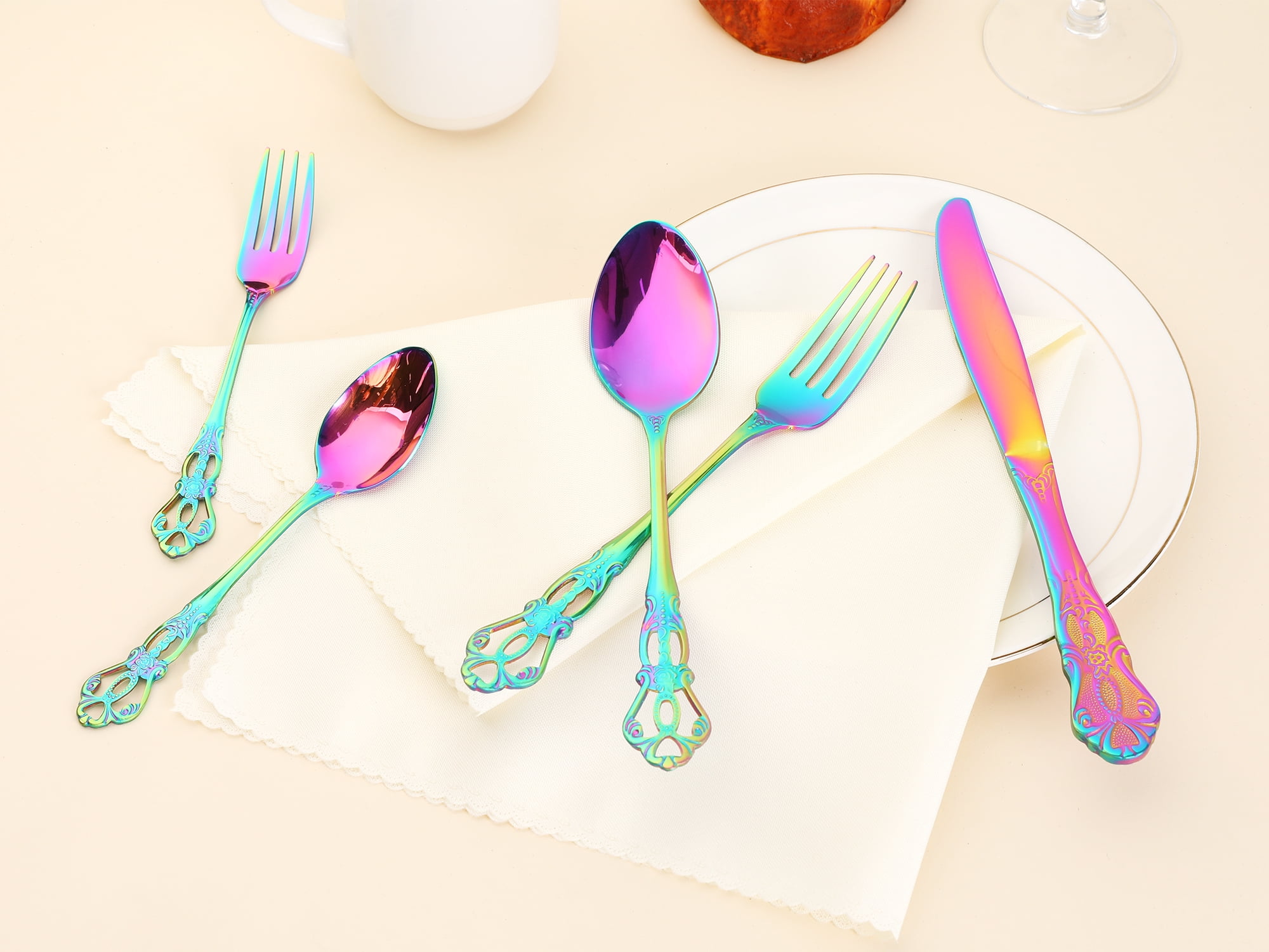 Unique Bargains 20 Piece Stainless Steel Floral Flatware Set Colorful