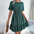 thumbnail image 2 of Wycnly Sundresses for Women Short Sleeve Round Neck Leopard Print Mini Dresses Elastic Waist Flowy Ruffle Swing A Line Summer Dress Green, 2 of 7