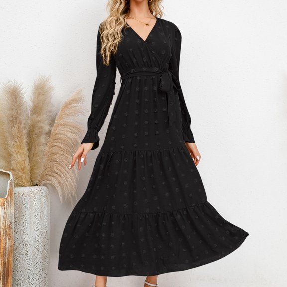 GaThRRgYP Womens Dresses under $10,Women's Fashion Long Sleeve Print V-Neck Ladies Holiday Outing Long Dress Clearance