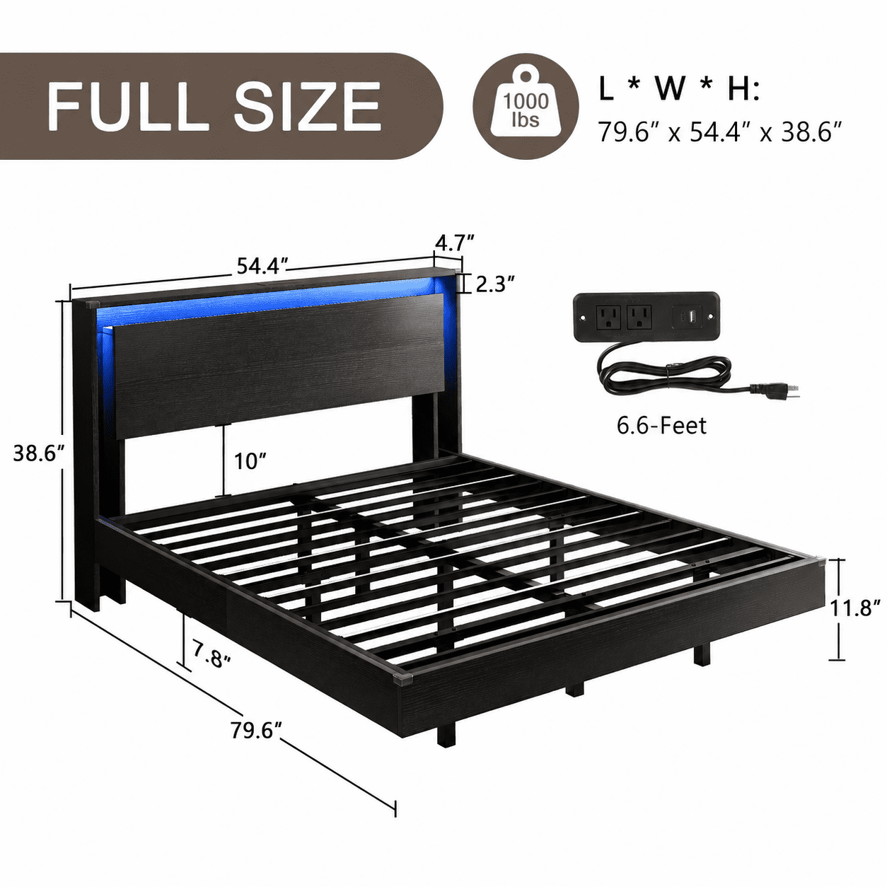 Einhomn Full Size Floating Bed Frame with  LED Lights & Charging Station,Wood Platform Bed Frame with Storage Headboard,Noise Free,No Box Spring Needed,Easy to Assemble-Black