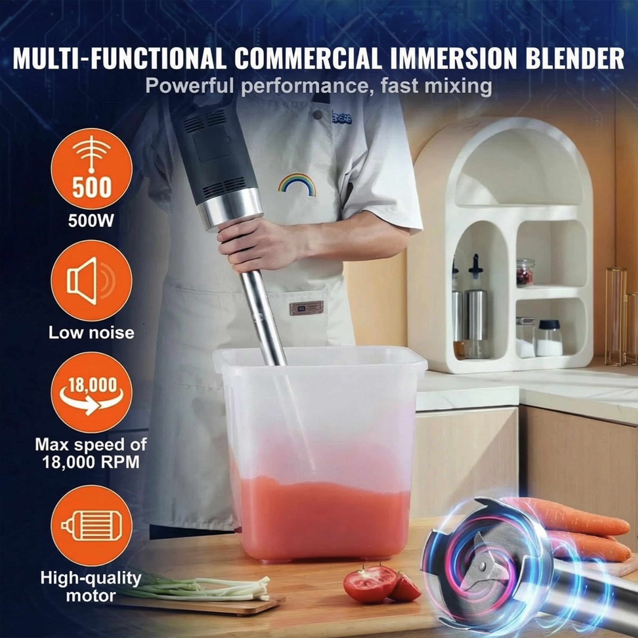 500W Commercial Immersion Blender, 20" Removable 304 Stainless Steel Shaft, Variable Speed 4000-16000 RPM