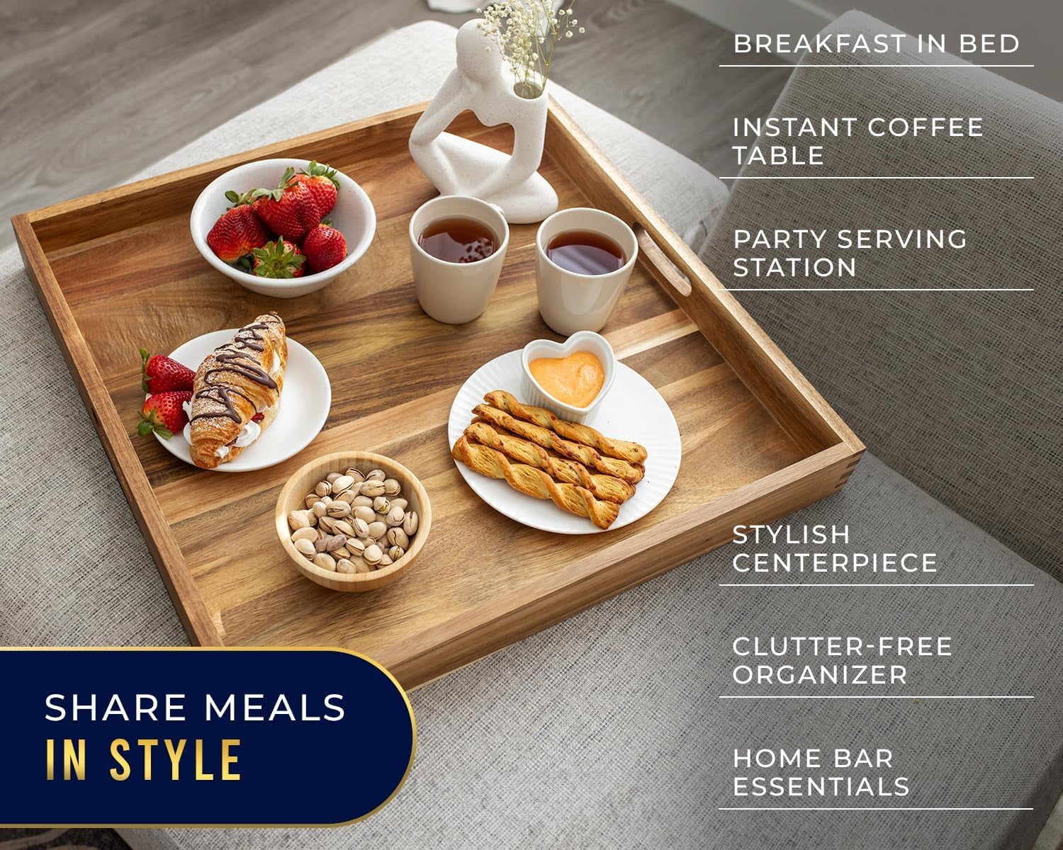 Comfify 22" Square Acacia Wood Serving Tray, Brown – Large Decorative Ottoman Tray with Handles for Food, Drinks & Home Organization