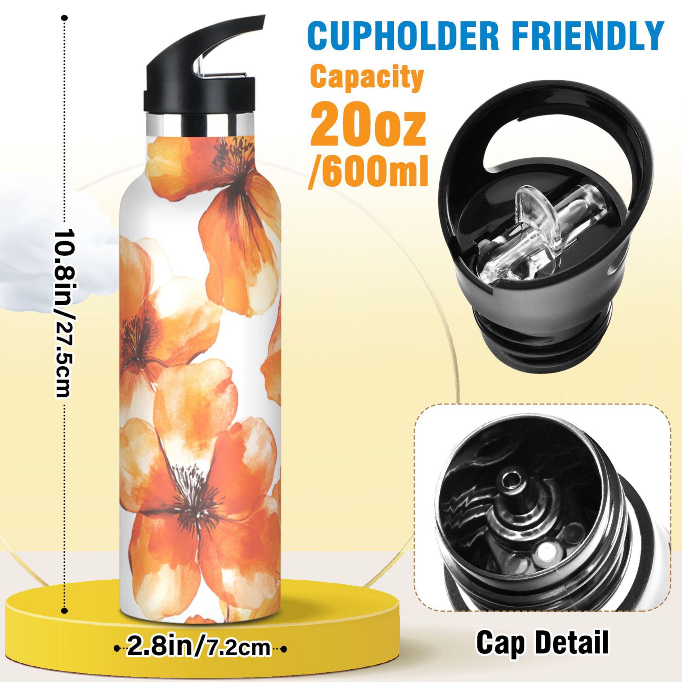 600ML Stainless Steel Insulated Cup Sports Water Bottle Portable Thermos Cup Water Glasses Insulated Tumblers Convenient and Durable Orange Flower