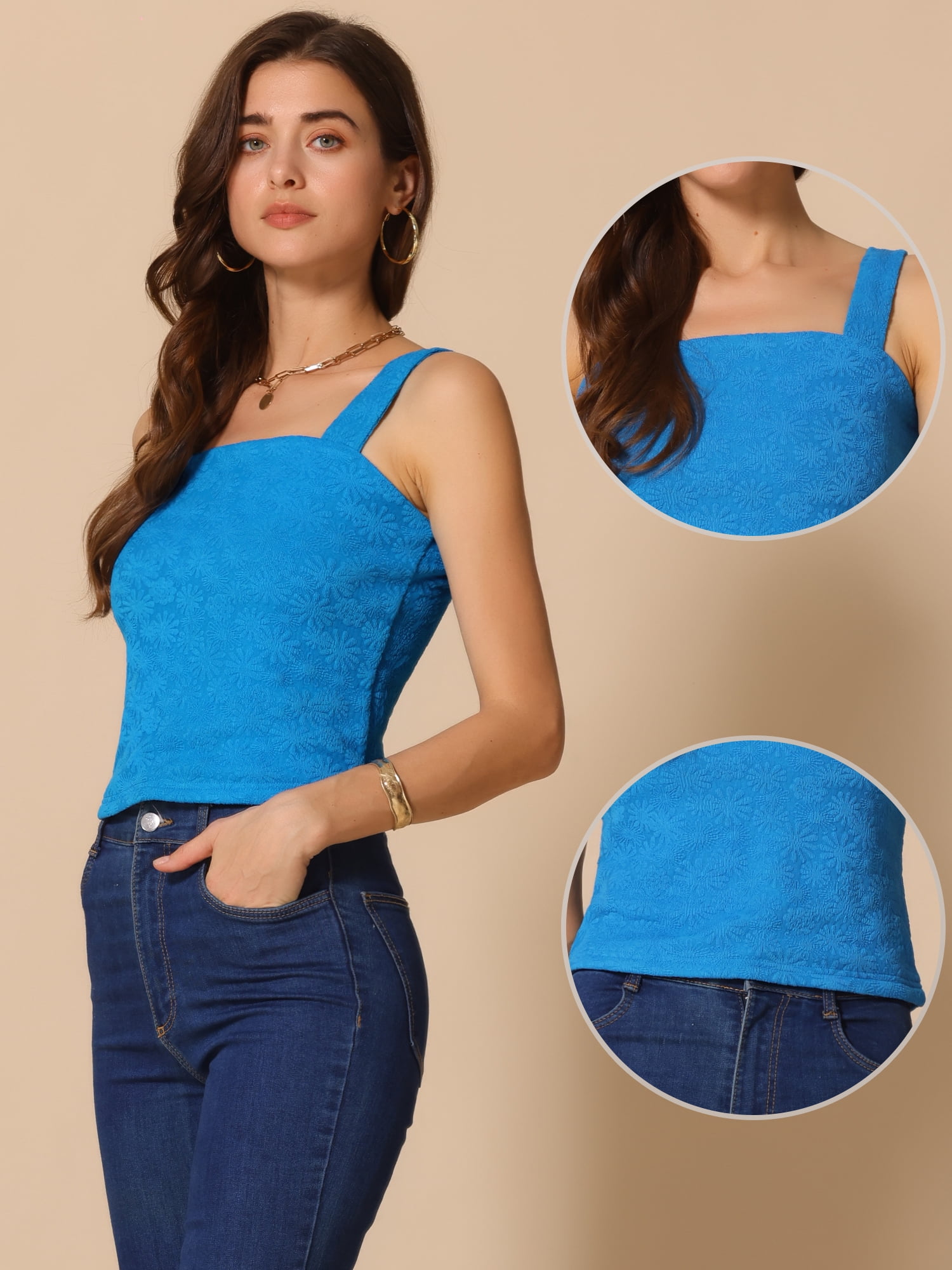 DARING DIVA Women's Wide Strap Lettuce Floral Trim Crop Cami Tops L Blue