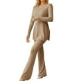thumbnail image 1 of Women‘s Two Piece Knit Matching Outfits Crew Neck Slit Hem Tee And Pants Tracksuit Sets, 1 of 5