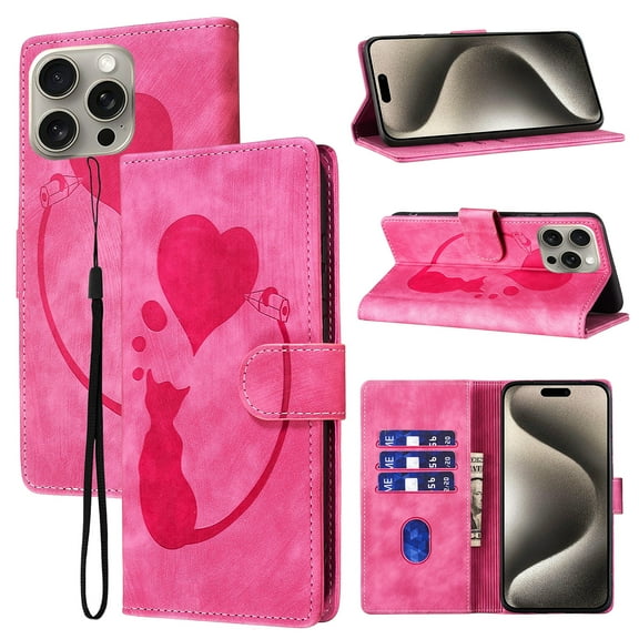 Compatible with iPhone 13 Pro Case Wallet Case with Kickstand Credit Card Holder Slot,Cute Cat & Love Heart Embossed Cover,Magnetic Closure Wrist Strap Luxury PU Leather Case,Rose