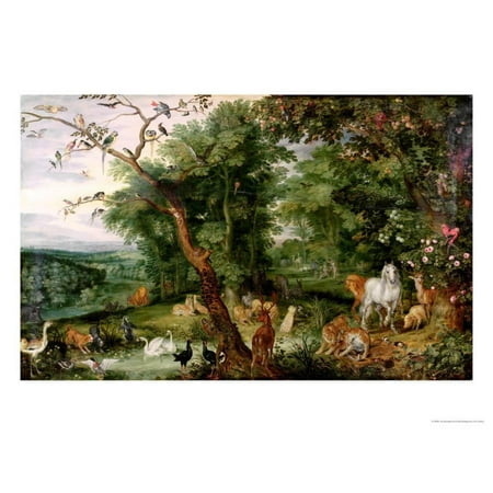 Red Eden Art - The Garden of Eden, in the Background the Temptation Print Wall Art By Jan Brueghel the Elder