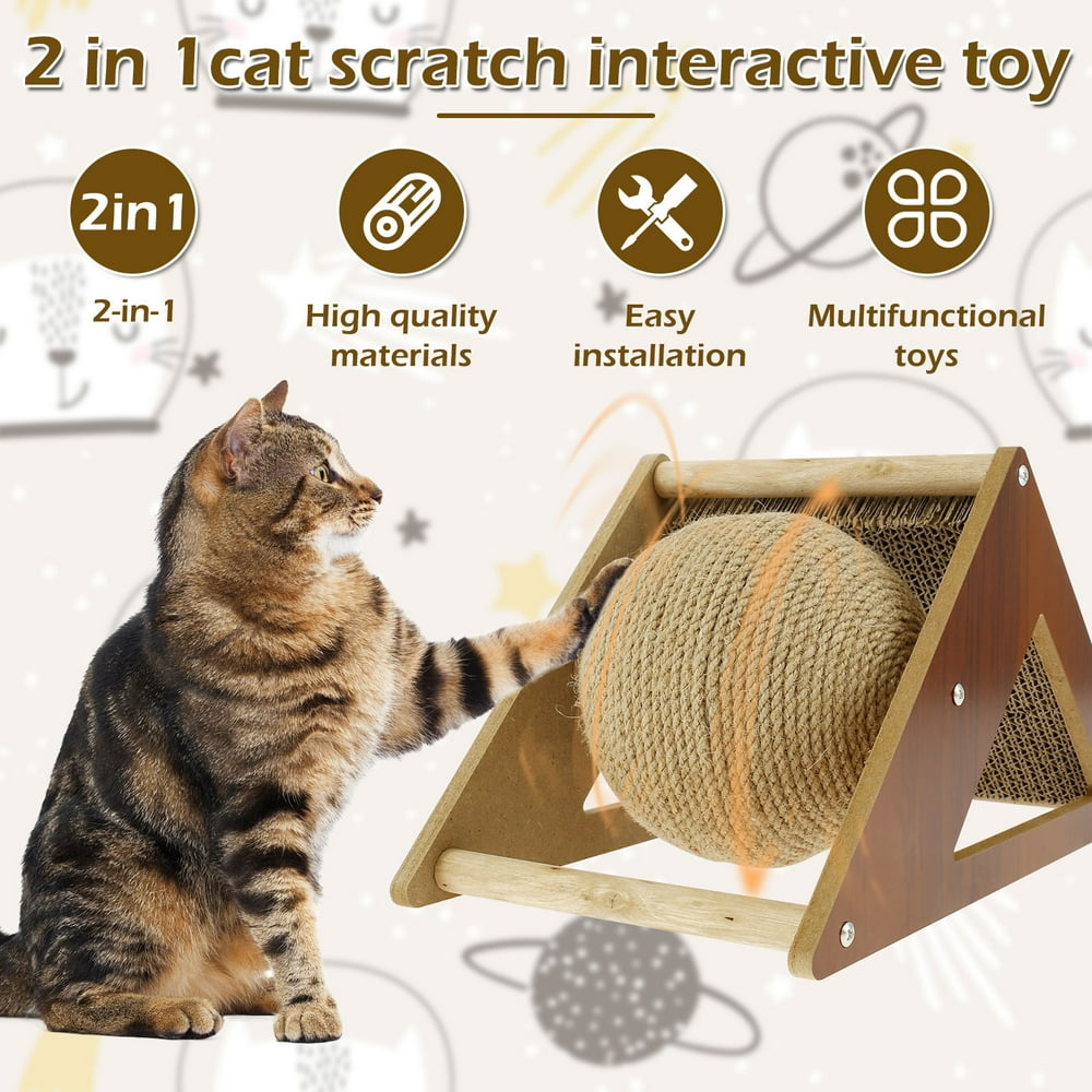 Arbre à Chat Interactif 6-en-1 Avec Jouets - Griffoir, Balle Tournante, Plumes, Couchage - Bois Naturel Pour Chats