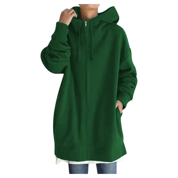 MIASHUI Women's Longline Zip Up Hoodie, Winter Lined Long Sleeve Casual Jacket, Solid Color Hooded Sweatshirt Outerwear Green,XXL