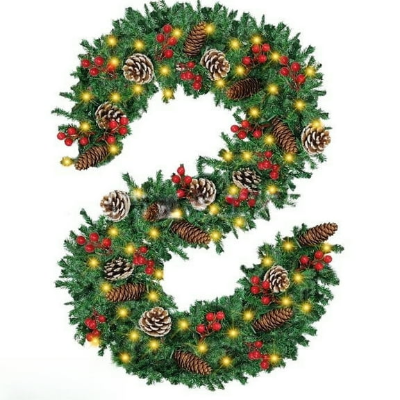 Christmas Garland 9FT, Christmas garland with 50 LED lights, Red Berries and Pine Cones Garland,Pre-lit Christmas Garlands for Indoor Outdoor Christmas Decor ,1 PACK / 2PACK