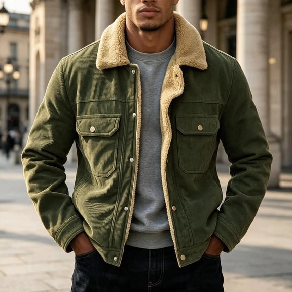 Ceisia Mens Lapel Corduroy Sherpa Lined Button Front Warm Winter Jacket Coat Army Green XXL Gift