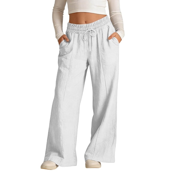 Linen Wide Leg Pants for Kids, Elastic Waist with Drawstring, Casual Loose Trousers for Girls Daily Wear White 3Y
