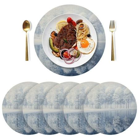 

Round Placemats Plate Mats 15 Inch Non-Slip Heat Resistant Washable PVC Set Table Decoration for Kitchen Dining White Trees with Frost